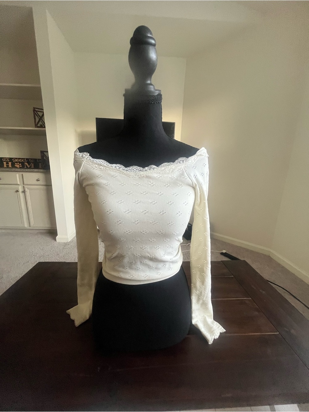 AS Revival Off-Shoulder Lace Trim Long-Sleeve Top - Cream, size S